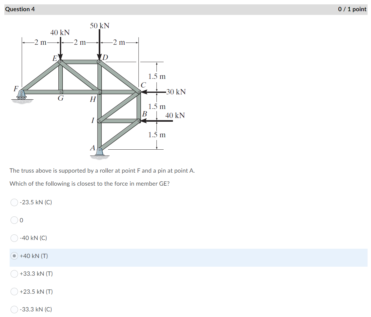 Question 4
0 / 1 point
50 kN
本
40 kN
-2 m.
-2 m-
-2 m
E.
1.5 m
F.
30 kN
H
1.5 m
B
40 kN
I
1.5 m
A
The truss above is supported by a roller at point F and a pin at point A.
Which of the following is closest to the force in member GE?
-23.5 kN (C)
-40 kN (C)
O +40 kN (T)
+33.3 kN (T)
+23.5 kN (T)
-33.3 kN (C)
