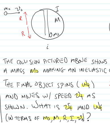 mo Va
R
i
THE COULI SCON PICTURED ABOE SHOWS
A MASS Ma MAKING AN INELASTICO
TiHE FINAL OBJECT SPINS cWy)
AND MOJES w/ SPEED 4 AS
WiHAT IS ¢ AND Wf
SHow N.
W TERMS OF mo, M, R,I, Vol ?
