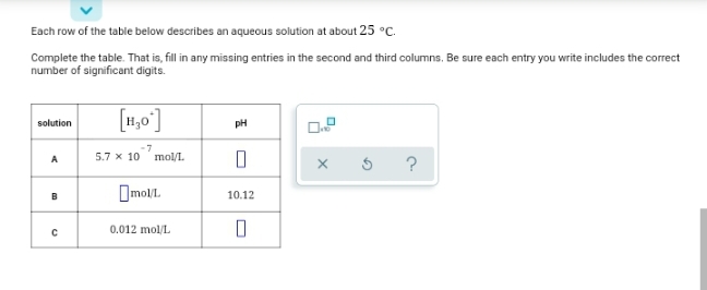 Each row of the table below describes an aqueous solution at about 25 °C.
Complete the table. That is, fill in any missing entries in the second and third columns. Be sure each entry you write includes the correct
number of significant digits.
[1,0°]
solution
pH
-7
5.7 x 10 mol/I.
A
?
Omoll.
B
10.12
0.012 mol/L
