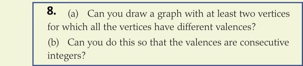 8. (а) Can
you
draw a graph with at least two vertices
for which all the vertices have different valences?
(b) Can you do this so that the valences are consecutive
integers?
