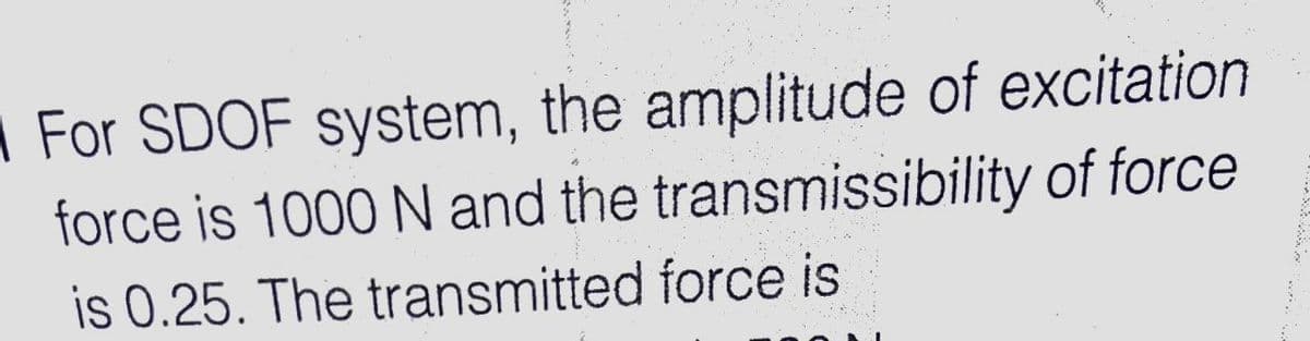 1 For SDOF system, the amplitude of excitation
force is 1000 N and the transmissibility of force
is 0.25. The transmitted force is
