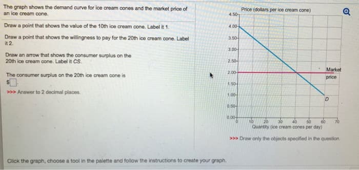 The graph shows the demand curve for ice cream cones and the market price of
an ice cream cone.
Draw a point that shows the value of the 10th ice cream cone. Label it 1.
Draw a point that shows the willingness to pay for the 20th ice cream cone. Label
it 2.
Draw an arrow that shows the consumer surplus on the
20th ice cream cone. Label it CS.
The consumer surplus on the 20th ice cream cone is
>>> Answer to 2 decimal places.
►
4.50
4.00
3.50
3.00
2.50
2.00-
Click the graph, choose a tool in the palette and follow the instructions to create your graph.
1.50
1.00-
0.50-
0.004
Price (dollars per ice cream cone)
0
Market
price
D
10
20 30 40 50 60
Quantity (ice cream cones per day)
>>> Draw only the objects specified in the question.
70
Q