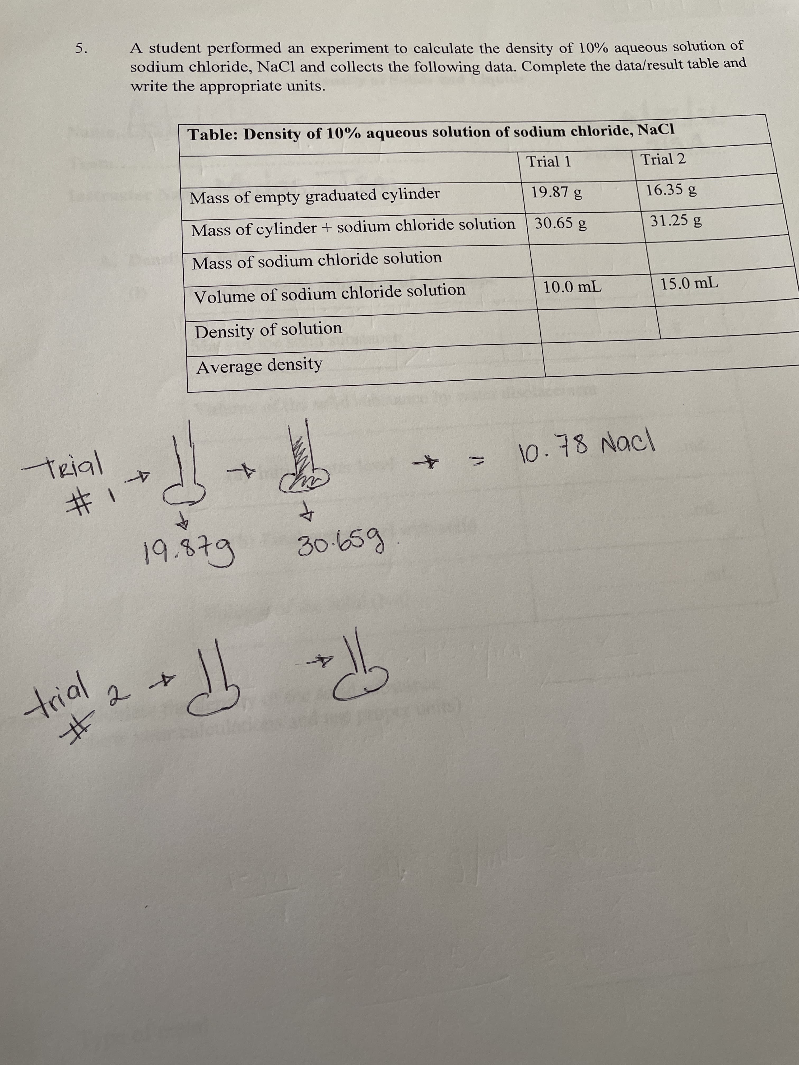 ### Experiment: Calculating the Density of a 10% Aqueous Solution of Sodium Chloride (NaCl)

#### Objective:
To determine the density of a 10% aqueous solution of sodium chloride using experimental data.

#### Procedure:
A student performed an experiment to calculate the density of a 10% aqueous solution of sodium chloride, NaCl. The student collected the following data for two trials:

#### Data Collected:

- **Trial 1:**
  - Mass of empty graduated cylinder: 19.87 g
  - Mass of cylinder + sodium chloride solution: 30.65 g
  - Volume of sodium chloride solution: 10.0 mL

- **Trial 2:**
  - Mass of empty graduated cylinder: 16.35 g
  - Mass of cylinder + sodium chloride solution: 31.25 g
  - Volume of sodium chloride solution: 15.0 mL

#### Results Table:
The table summarizes the data collected and outlines the subsequent steps to calculate the density. 

**Table: Density of 10% Aqueous Solution of Sodium Chloride (NaCl)**

|                          | Trial 1       | Trial 2       |
|--------------------------|---------------|---------------|
| Mass of empty graduated cylinder | 19.87 g      | 16.35 g      |
| Mass of cylinder + sodium chloride solution | 30.65 g      | 31.25 g      |
| Mass of sodium chloride solution | (calculated) | (calculated) |
| Volume of sodium chloride solution | 10.0 mL      | 15.0 mL      |
| Density of solution          | (calculated) | (calculated) |
| Average density              | (calculated) | (calculated) |

#### Calculations:

1. **Mass of Sodium Chloride Solution:**
   - **Trial 1:** \( 30.65 \, \text{g} - 19.87 \, \text{g} = 10.78 \, \text{g} \)
   - **Trial 2:** \( 31.25 \, \text{g} - 16.35 \, \text{g} = 14.90 \, \text{g} \)

2. **Density of Solution:** 
   - **Formula:** \( \text{Density} = \frac{\text{Mass}}