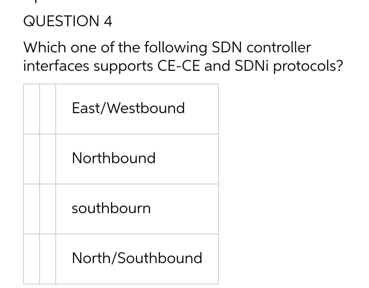 QUESTION 4
Which one of the following SDN controller
interfaces supports CE-CE and SDNI protocols?
East/Westbound
Northbound
southbourn
North/Southbound
