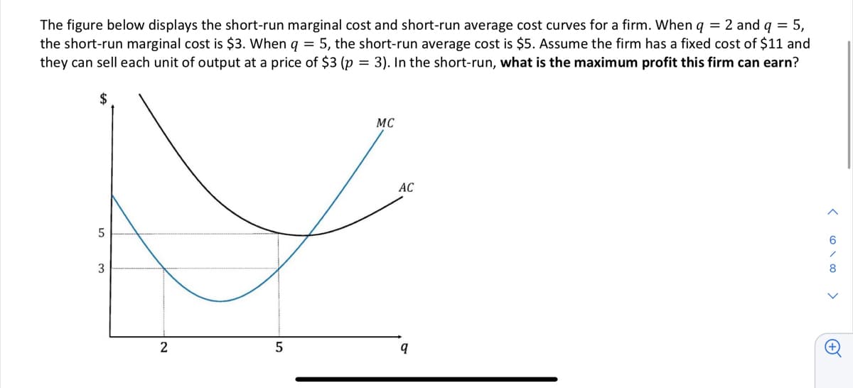 The figure below displays the short-run marginal cost and short-run average cost curves for a firm. When q = 2 and q = 5,
the short-run marginal cost is $3. When q = 5, the short-run average cost is $5. Assume the firm has a fixed cost of $11 and
they can sell each unit of output at a price of $3 (p = 3). In the short-run, what is the maximum profit this firm can earn?
$
5
3
2
5
MC
AC
q
6000
8