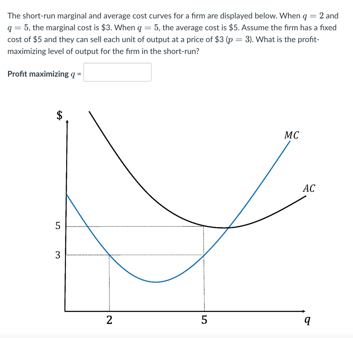 =
The short-run marginal and average cost curves for a firm are displayed below. When q = 2 and
q = 5, the marginal cost is $3. When q 5, the average cost is $5. Assume the firm has a fixed
cost of $5 and they can sell each unit of output at a price of $3 (p = 3). What is the profit-
maximizing level of output for the firm in the short-run?
Profit maximizing q
=
LA
$
5
3
2
5
MC
AC
q