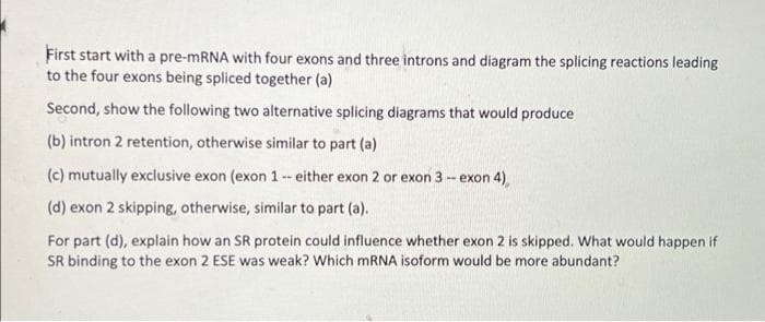 First start with a pre-MRNA with four exons and three introns and diagram the splicing reactions leading
to the four exons being spliced together (a)
Second, show the following two alternative splicing diagrams that would produce
(b) intron 2 retention, otherwise similar to part (a)
(c) mutually exclusive exon (exon 1- either exon 2 or exon 3 -- exon 4)
(d) exon 2 skipping, otherwise, similar to part (a).
For part (d), explain how an SR protein could influence whether exon 2 is skipped. What would happen if
SR binding to the exon 2 ESE was weak? Which MRNA isoform would be more abundant?
