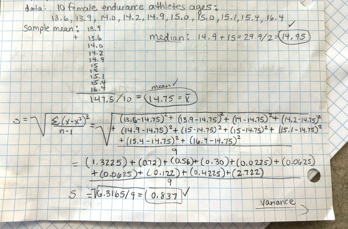 data: 10 female endurance athletes ages:
13.6, 13.9, 14.0, 14.2, 14.9, 15.0, 15.0, 15.1,15.4, 16.4
Sample mean: 13.9
+
13.6
median: 14.9 +15=29.9/2-14,95
14.0
19.2
14.9
3=
Lis
15
15.1
15.4
16.4
≤ (x-x²) ²
n-1
mean
147.5/10=(14.75 = X
=
(13.6-14.75) + (13.9-14.75) + (14-14.75) ²³+ (14.2-14.75)³²
(14.9-14.75)2 + (15-14.75)² + (15-14.75)² + (15.1-14.75)²
+ (15.4-14.75)2 + (16.4-14.75) ²
(1.3225) + (0.72) + (0.56)+ (0.30) + (0.0225) + (0.0625)
+ (0.0625) + (0.122) + (0.4225) + (2.722)
9
5 -76.3165/9 = (0.837
Variance