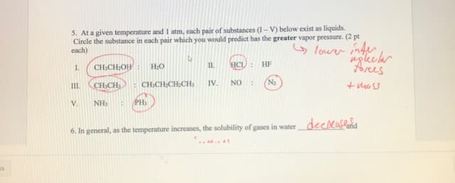 5. At a given temperature and 1 atm, each pair of substances (1-V) below exist as liquids.
Circle the substance in each pair which you would predict has the greater vapor pressure. (2 pt
each)
lower inter
1.
III.
V.
CH₂CH₂OH
CH₂CH₂
NH₂ B
H₂O
PH₂
4
CH₂CH₂CH₂CH₂
II.
IV.
HCI/:
NO :
HF
N₂
6. In general, as the temperature increases, the solubility of gases in water,
ugleclar
forces
+ moss
deckufland