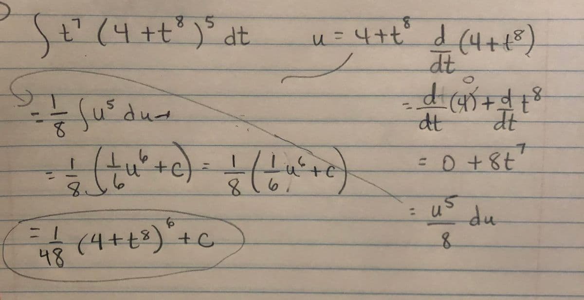 (4+t°) dt
8.
u=4+t° d
(4+48)
dt
7.
fu°dua
61
us
du
%3D
(4+t3)+C
48
3D
