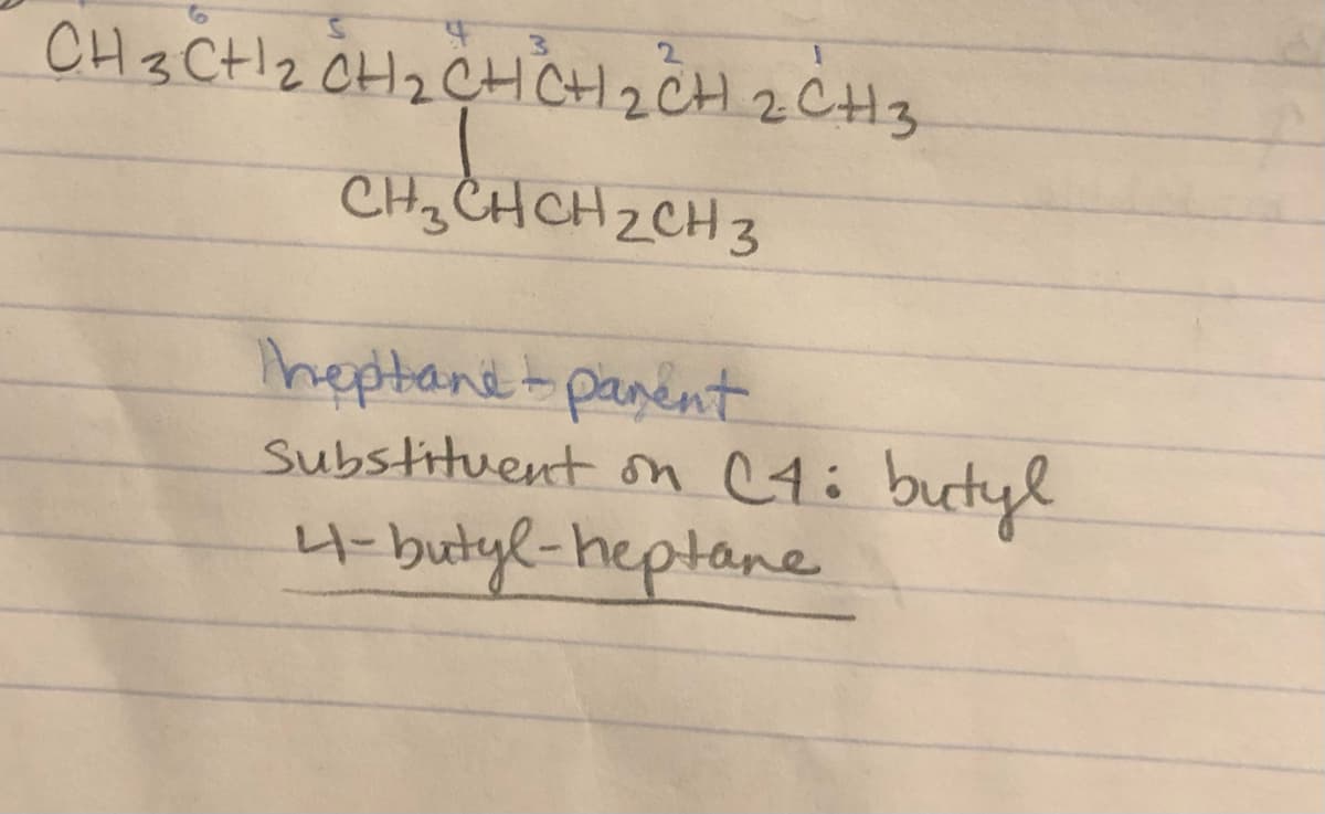 CH 3 CH!z ÖHH2 ¢HCH2CH 2CH3
CHg CH CH 2CH 3
Theptandt panent
Substituent on C4i butyl
4-butyl-heptane
