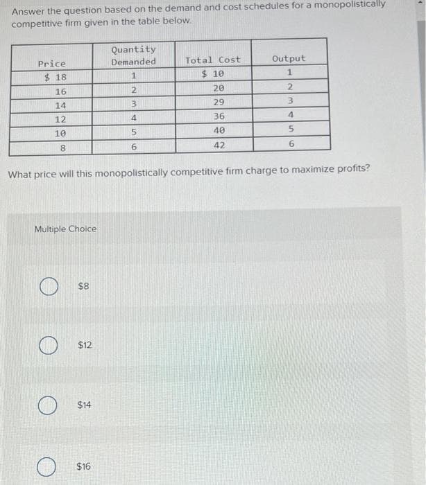 Answer the question based on the demand and cost schedules for a monopolistically
competitive firm given in the table below.
Price
$18
16
14
12
10
8
Multiple Choice
$8
$12
$14
Quantity
Demanded
1
2
$16
3
4
5
6
What price will this monopolistically competitive firm charge to maximize profits?
Total Cost
$ 10
20
29
36
40
42
Output
1
2
3
4
5
6
>