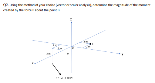 Q2. Using the method of your choice (vector or scaler analysis), determine the magnitude of the moment
created by the force F about the point B.
Xx
3m
2 m
2m
m
0
F = (2)-2 k) kN
2 m
2m