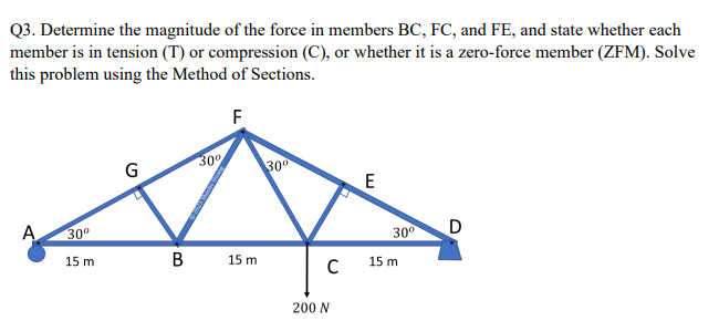 Q3. Determine the magnitude of the force in members BC, FC, and FE, and state whether each
member is in tension (T) or compression (C), or whether it is a zero-force member (ZFM). Solve
this problem using the Method of Sections.
F
A
30⁰
15 m
G
B
30⁰
15 m
30⁰
C
200 N
E
30⁰
15 m
D