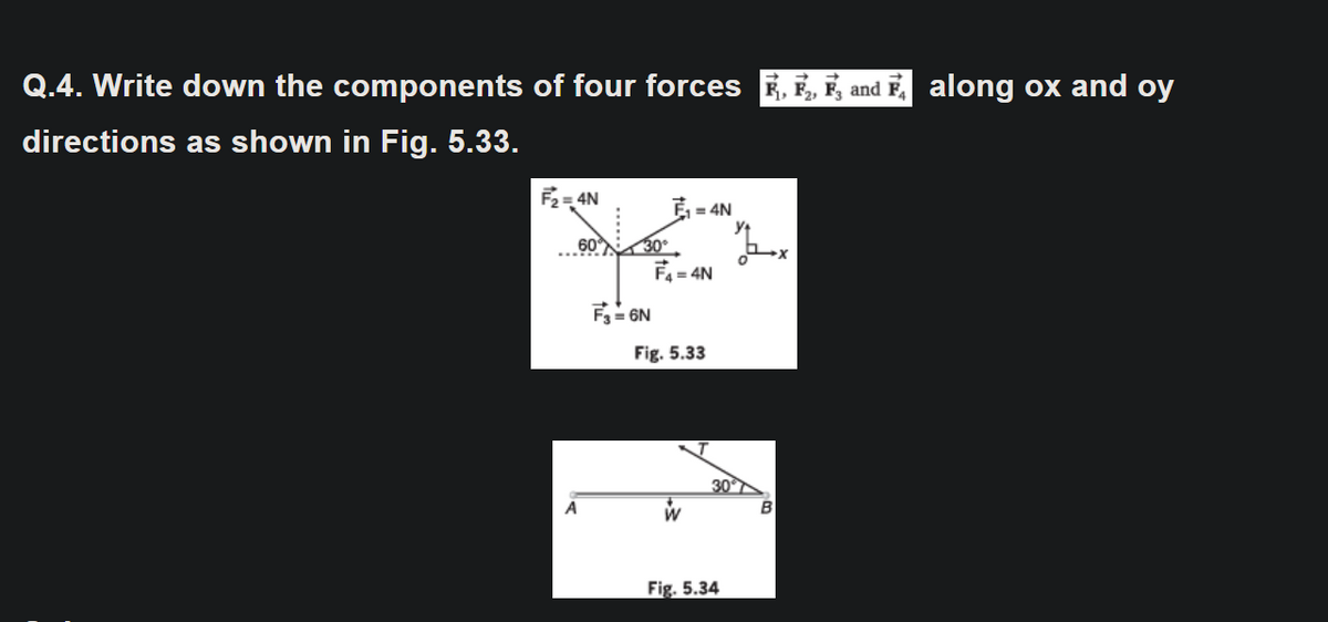 Q.4. Write down the components of four forces R, E, E, and F along ox and oy
directions as shown in Fig. 5.33.
F2= 4N
= 4N
60 30°
F=
= 4N
F3 = 6N
Fig. 5.33
30
A
B
Fig. 5.34
