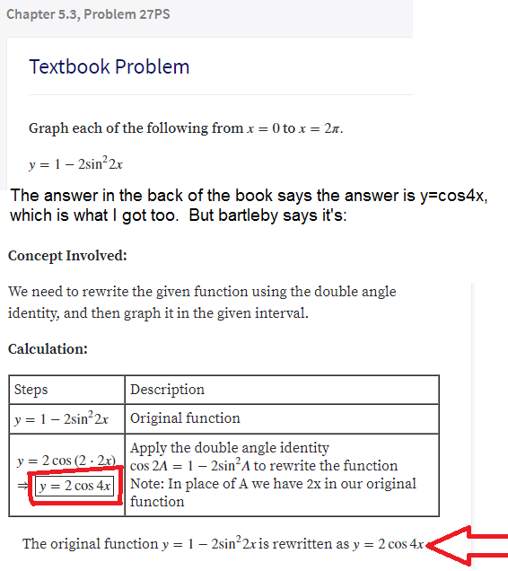 Chapter 5.3, Problem 27PS
Textbook Problem
Graph each of the following from x = 0 to x = 27.
y = 1– 2sin 2x
The answer in the back of the book says the answer is y=cos4x,
which is what I got too. But bartleby says it's:
Concept Involved:
We need to rewrite the given function using the double angle
identity, and then graph it in the given interval.
Calculation:
Steps
Description
y = 1– 2sin²2x
Original function
Apply the double angle identity
cos 2A = 1– 2sin²A to rewrite the function
Note: In place of A we have 2x in our original
function
y = 2 cos (2 - 2r).
2 cos 4x
V=
The original function y = 1– 2sin²2x is rewritten as y
2 cos 4x
