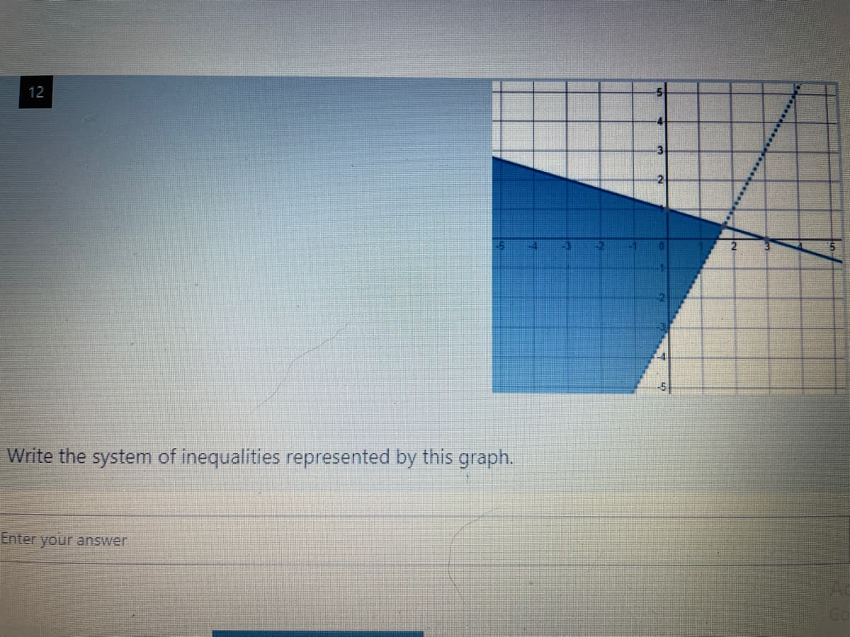 ### Problem 12

Below is an image of a coordinate plane graph showing a system of inequalities.

#### Graph Explanation:
- The graph is composed of a coordinate plane with x and y axes ranging from -6 to 6 on both the x-axis and y-axis.
- There are two lines drawn on the coordinate plane:
  1. A solid line that slants downwards from the top-left to the bottom-right, appearing as \(y \leq -x + 3\).
  2. A dashed line that slants downwards from the top-right to the bottom-left, appearing as \(y < 2x - 1\).

- The shaded region on the graph represents the intersection of solutions for the system of inequalities. This region is below the solid line and below the dashed line. 

### Task
Write the system of inequalities represented by this graph.

#### Answer Box
- Enter your answer in the text box provided.