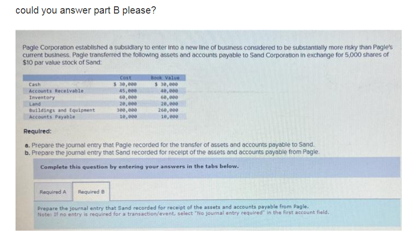 could you answer part B please?
Pagle Corporation established a subsidiary to enter into a new line of business considered to be substantially more risky than Pagle's
current business. Pagle transferred the following assets and accounts payable to Sand Corporation in exchange for 5,000 shares of
$10 par value stock of Sand:
Cash
Accounts Receivable
Inventory
Land
Buildings and Equipment
Accounts Payable
Cost
$ 30,000
45,000
60,000
20,000
300,000
10,000
Required B
Book Value
$ 30,000
40,000
60,000
20,000
260,000
10,000
Required:
a. Prepare the journal entry that Pagle recorded for the transfer of assets and accounts payable to Sand.
b. Prepare the journal entry that Sand recorded for receipt of the assets and accounts payable from Pagle.
Complete this question by entering your answers in the tabs below.
Required A
Prepare the journal entry that Sand recorded for receipt of the assets and accounts payable from Pagle.
Note: If no entry is required for a transaction/event, select "No journal entry required in the first account field.