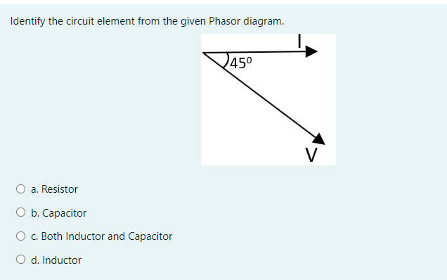 Identify the circuit element from the given Phasor diagram.
245°
V
O a. Resistor
O b. Capacitor
O c. Both Inductor and Capacitor
O d. Inductor
