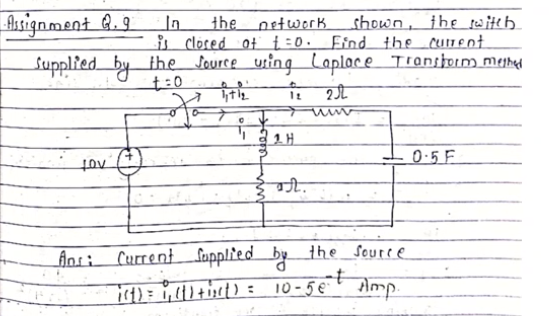 asignment 8.3
shown, ihe witeh
In
the
network
is clored of i:0. Find the curent
Supplied by theJource using Laplace Transhoim munl
I 2t
t:0
0:5 F
not
Aor: Current fapplied by the Seurce
-t
10-5 € Amp.
it)= ,1)+ict) :
