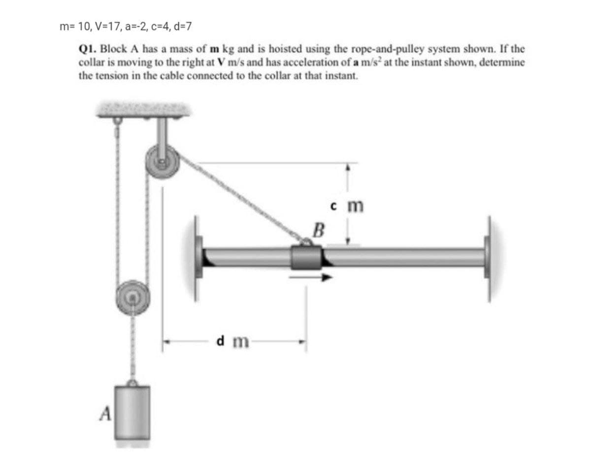 m= 10, V=17, a=-2, c=4, d=7
Q1. Block A has a mass of m kg and is hoisted using the rope-and-pulley system shown. If the
collar is moving to the right at V m/s and has acceleration of a m/s at the instant shown, determine
the tension in the cable connected to the collar at that instant.
c m
B
d m
A
