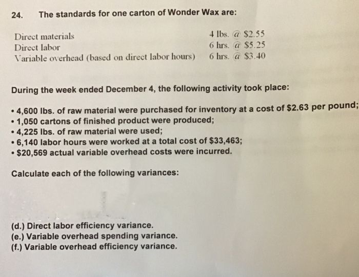 24. The standards for one carton of Wonder Wax are:
4 lbs. @ $2.55
6 hrs. @ $5.25
Variable overhead (based on direct labor hours) 6 hrs. @ $3.40
Direct materials
Direct labor
During the week ended December 4, the following activity took place:
• 4,600 lbs. of raw material were purchased for inventory at a cost of $2.63 per pound;
• 1,050 cartons of finished product were produced;
4,225 lbs. of raw material were used;
6,140 labor hours were worked at a total cost of $33,463;
$20,569 actual variable overhead costs were incurred.
Calculate each of the following variances:
●
●
(d.) Direct labor efficiency variance.
(e.) Variable overhead spending variance.
(f.) Variable overhead efficiency variance.