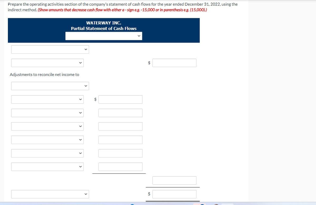 Prepare the operating activities section of the company's statement of cash flows for the year ended December 31, 2022, using the
indirect method. (Show amounts that decrease cash flow with either a-sign e.g. -15,000 or in parenthesis e.g. (15,000).)
WATERWAY INC.
Partial Statement of Cash Flows
Adjustments to reconcile net income to
✓
$
$