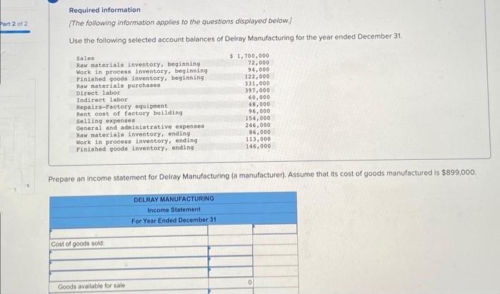 Part 2 of 2
Required information
[The following information applies to the questions displayed below.]
Use the following selected account balances of Delray Manufacturing for the year ended December 31.
$ 1,700,000
72,000
94,000
122,000
331,000
397,000
60,000
48,000
96,000
154,000
246,000
86,000
113,000
146,000
Sales
Raw materials inventory, beginning
Work in process inventory, beginning
Finished goods inventory, beginning
Raw materials purchases
Direct labor
Indirect labor
Repairs-Factory equipment
Rent cost of factory building
Selling expenses
General and administrative expenses
Raw materials inventory, ending
Work in process inventory, ending.
Finished goods inventory, ending
Prepare an income statement for Delray Manufacturing (a manufacturer). Assume that its cost of goods manufactured is $899,000.
Cost of goods sold:
Goods available for sale
DELRAY MANUFACTURING
Income Statement
For Year Ended December 31