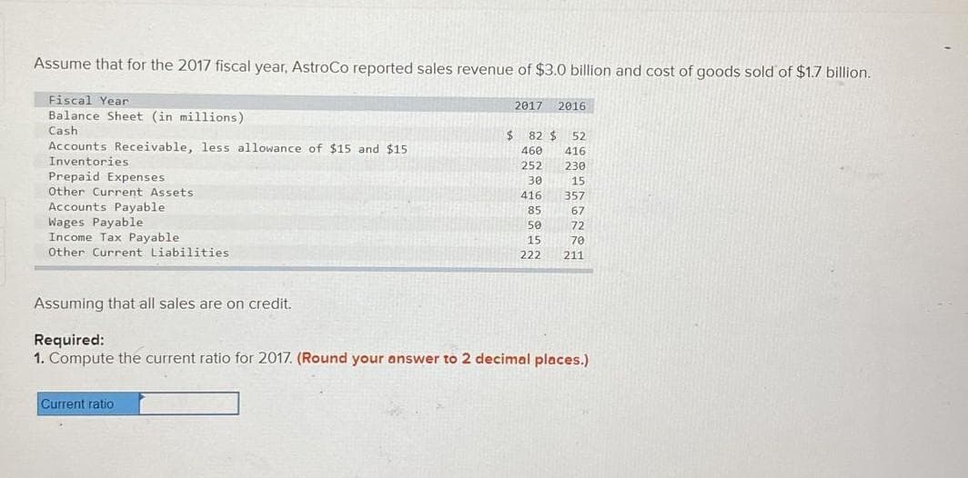 Assume that for the 2017 fiscal year, AstroCo reported sales revenue of $3.0 billion and cost of goods sold of $1.7 billion.
Fiscal Year
Balance Sheet (in millions)
Cash
Accounts Receivable, less allowance of $15 and $15
Inventories
Prepaid Expenses
Other Current Assets.
Accounts Payable
Wages Payable
Income Tax Payable
Other Current Liabilities.
2017 2016
Current ratio
$ 82 $ 52
460 416
252
230
30
15
416
85
50
15
222
357
67
72
70
211
Assuming that all sales are on credit.
Required:
1. Compute the current ratio for 2017. (Round your answer to 2 decimal places.)