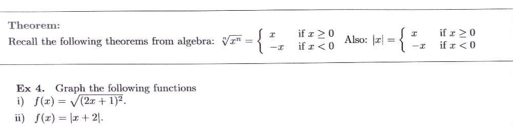 Theorem:
Recall the following theorems from algebra: Vrn
Ex 4. Graph the following functions
i) f(x)=√(2x + 1)².
ii) f(x) = x + 21.
- {₁2
if x 20
if x < 0
-{²
Also: x=
if x ≥ 0
if x < 0