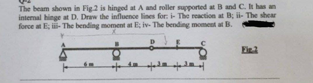 The beam shown in Fig.2 is hinged at A and roller supported at B and C. It has an
internal hinge at D. Draw the influence lines for: i- The reaction at B; ii- The shear
force at E; iii- The bending moment at E; iv- The bending moment at B.
DJ
6 m
B
4m 1.3m 3m f
Fig.2