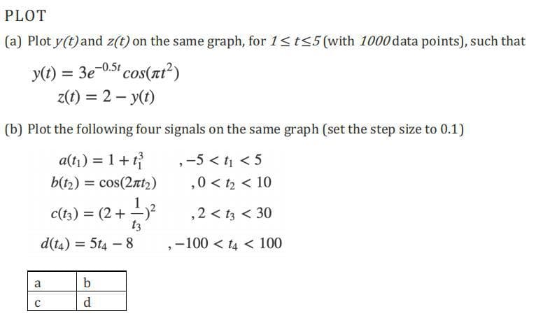 PLOT
(a) Plot y(t)and z(t) on the same graph, for 1<t<5 (with 1000 data points), such that
y(t) = 3e-0.51 cos(nt²)
%3D
z(t) = 2 – y(t)
(b) Plot the following four signals on the same graph (set the step size to 0.1)
a(tı) = 1+ t
,-5 < t < 5
,0 < t2 < 10
b(t2) = cos(2nt2)
1
c(13) = (2 +
-)²
,2 < t3 < 30
t3
d(t4) = 5t4 –8
,-100 < t4 < 100
a
d
