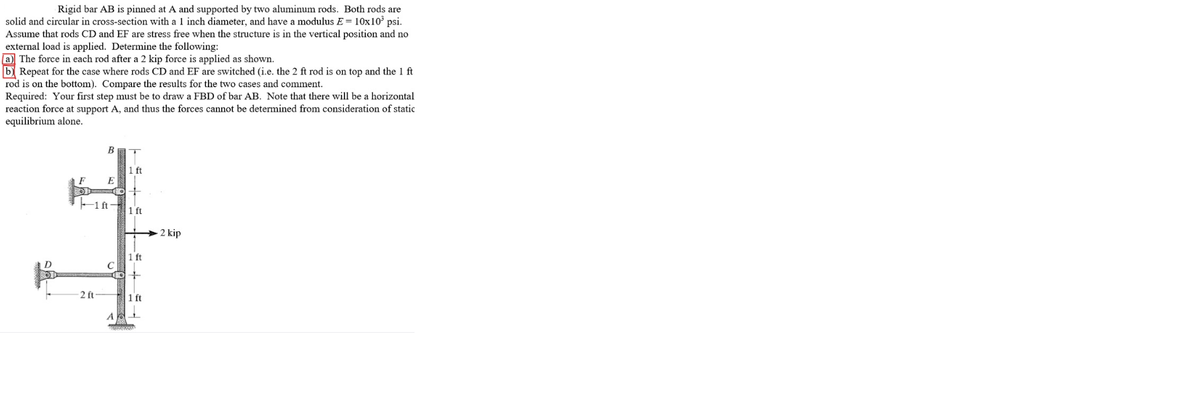 Rigid bar AB is pinned at A and supported by two aluminum rods. Both rods are
solid and circular in cross-section with a 1 inch diameter, and have a modulus E = 10x10° psi.
Assume that rods CD and EF are stress free when the structure is in the vertical position and no
external load is applied. Determine the following:
a) The force in each rod after a 2 kip force is applied as shown.
b) Repeat for the case where rods CD and EF are switched (i.e. the 2 ft rod is on top and the 1 ft
rod is on the bottom). Compare the results for the two cases and comment.
Required: Your first step must be to draw a FBD of bar AB. Note that there will be a horizontal
reaction force at support A, and thus the forces cannot be determined from consideration of static
equilibrium alone.
B
1ft
F
F1 ft
1 ft
2 kip
1 ft
2 ft
1 ft
