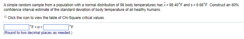 A simple random sample from a population with a normal distribution of 98 body temperatures has x = 98.40°F and s= 0.68°F. Construct an 80%
confidence interval estimate of the standard deviation of body temperature of all healthy humans.
12 Click the icon to view the table of Chi-Square critical values.
°F<o<
1°F
(Round to two decimal places as needed.)