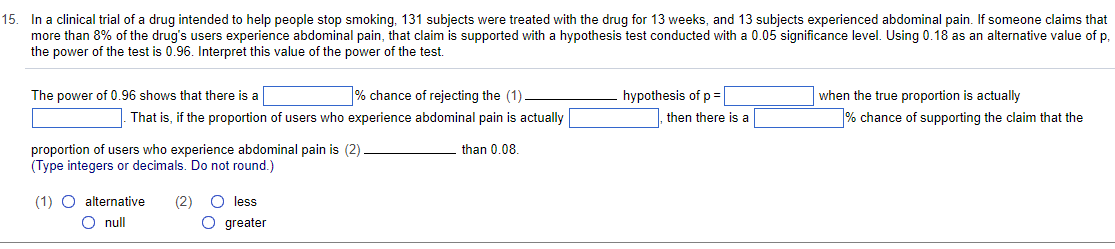 15. In a clinical trial of a drug intended to help people stop smoking, 131 subjects were treated with the drug for 13 weeks, and 13 subjects experienced abdominal pain. If someone claims that
more than 8% of the drug's users experience abdominal pain, that claim is supported with a hypothesis test conducted with a 0.05 significance level. Using 0.18 as an alternative value of p.
the power of the test is 0.96. Interpret this value of the power of the test.
% chance of rejecting the (1)
That is, if the proportion of users who experience abdominal pain is actually
than 0.08.
The power of 0.96 shows that there is a
proportion of users who experience abdominal pain is (2)
(Type integers or decimals. Do not round.)
(1) O alternative (2) O less
O null
O greater
hypothesis of p =
then there is a
when the true proportion is actually
% chance of supporting the claim that the