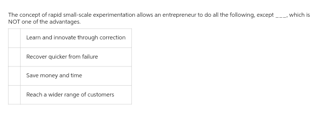 The concept of rapid small-scale experimentation allows an entrepreneur to do all the following, except ___, which is
NOT one of the advantages.
Learn and innovate through correction
Recover quicker from failure
Save money and time
Reach a wider range of customers