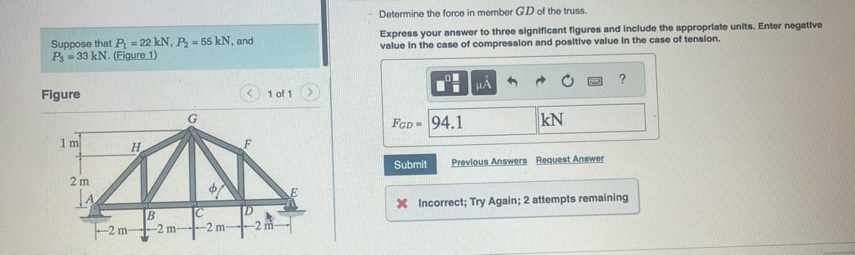 Suppose that P₁ = 22 kN, P₂ = 55 kN, and
P3 33 kN. (Figure 1)
Figure
1 m
H
2 m
H
B
-2 m--2 m-
-2 m-
1 of 1
-2 m-
Determine the force in member GD of the truss.
Express your answer to three significant figures and include the appropriate units. Enter negative
value in the case of compression and positive value in the case of tension.
FGD= 94.1
Submit
μA
KN
Previous Answers Request Answer
?
X Incorrect; Try Again; 2 attempts remaining