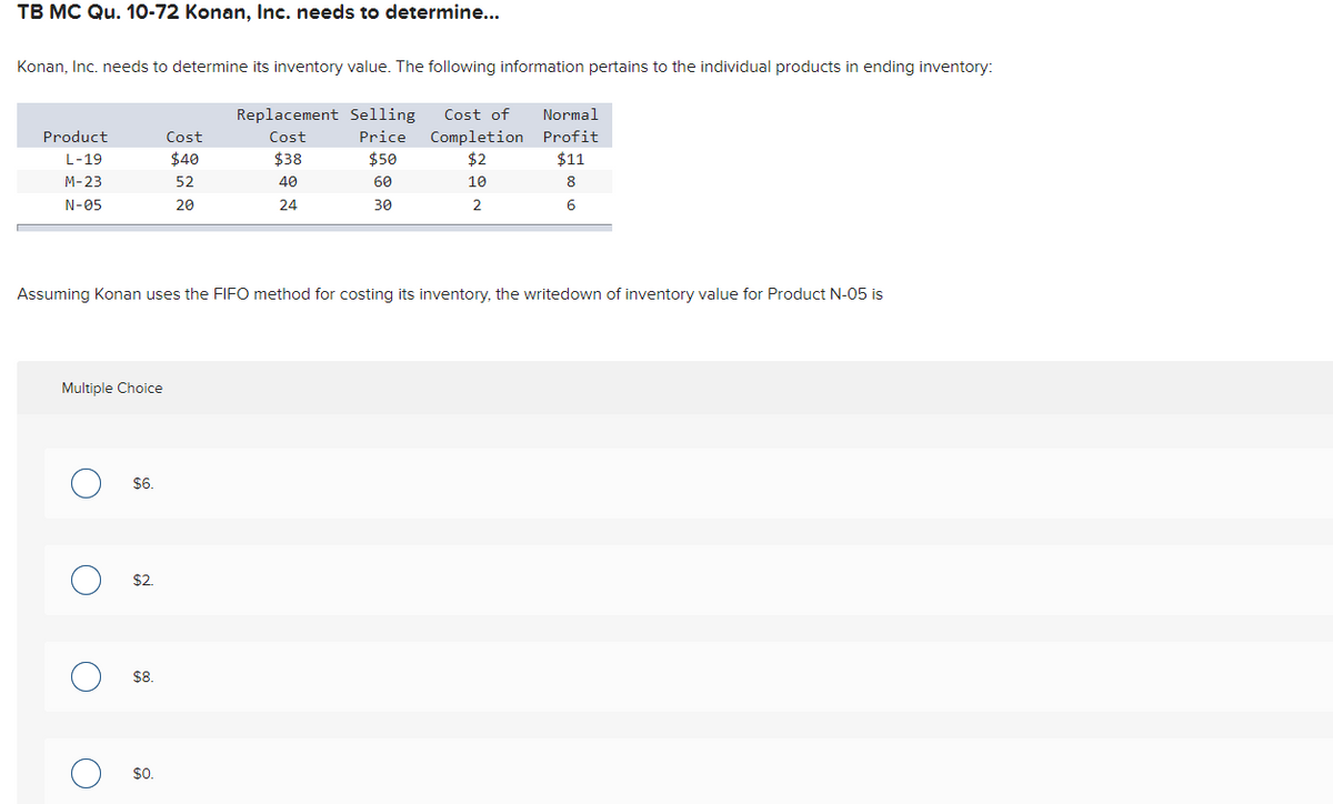 TB MC Qu. 10-72 Konan, Inc. needs to determine...
Konan, Inc. needs to determine its inventory value. The following information pertains to the individual products in ending inventory:
Replacement Selling Cost of
Cost
Price
$50
$38
40
60
24
30
Product
L-19
M-23
N-05
Multiple Choice
O
Assuming Konan uses the FIFO method for costing its inventory, the writedown of inventory value for Product N-05 is
о
O
O
$6.
$2
$8.
Cost
$40
52
20
$0.
Completion
$2
10
2
Normal
Profit
$11
8
6