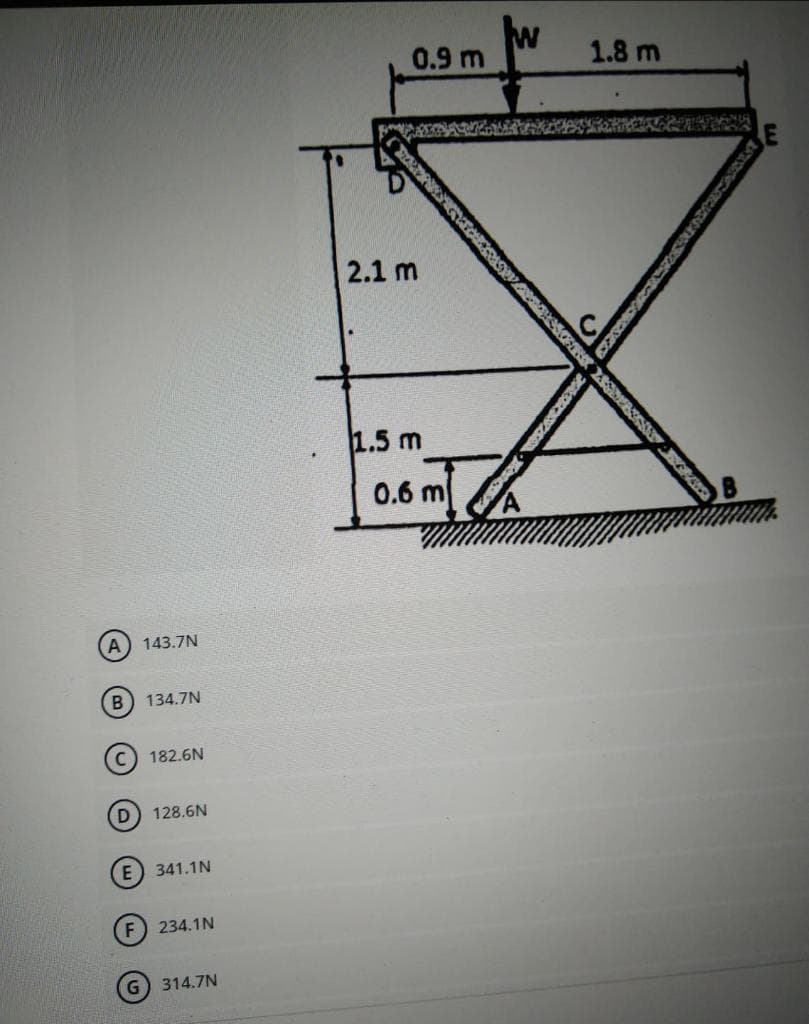 0.9 m
1.8 m
2.1 m
1.5 m
0.6 m
A) 143.7N
134.7N
C) 182.6N
D) 128.6N
E) 341.1N
F) 234.1N
G 314.7N
