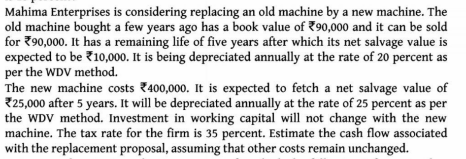 Mahima Enterprises is considering replacing an old machine by a new machine. The
old machine bought a few years ago has a book value of 90,000 and it can be sold
for 790,000. It has a remaining life of five years after which its net salvage value is
expected to be 710,000. It is being depreciated annually at the rate of 20 percent as
per the WDV method.
The new machine costs 400,000. It is expected to fetch a net salvage value of
25,000 after 5 years. It will be depreciated annually at the rate of 25 percent as per
the WDV method. Investment in working capital will not change with the new
machine. The tax rate for the firm is 35 percent. Estimate the cash flow associated
with the replacement proposal, assuming that other costs remain unchanged.
