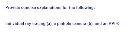 Provide concise explanations for the following:
Individual ray tracing (a), a pinhole camera (b), and an API Ⓒ