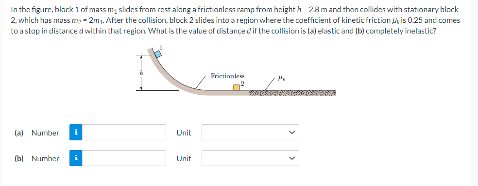 In the figure, block 1 of mass m₁ slides from rest along a frictionless ramp from height h = 2.8 m and then collides with stationary block
2, which has mass m2 = 2m₁. After the collision, block 2 slides into a region where the coefficient of kinetic friction Uk is 0.25 and comes
to a stop in distance d within that region. What is the value of distance d if the collision is (a) elastic and (b) completely inelastic?
Frictionless
(a) Number i
(b) Number i
Unit
Unit
SEN