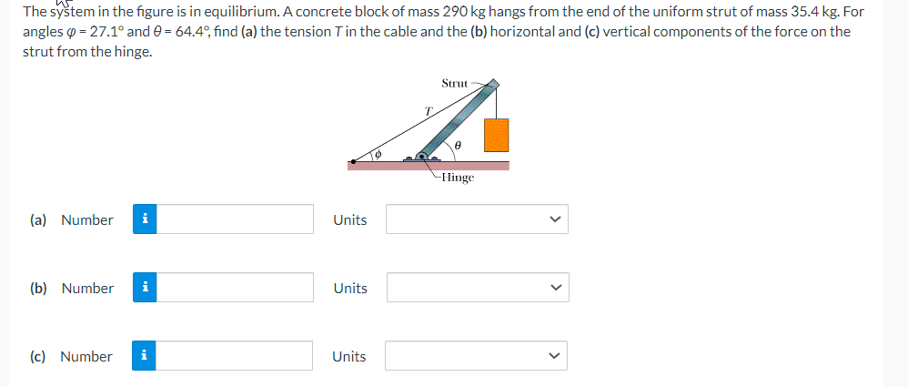 The system in the figure is in equilibrium. A concrete block of mass 290 kg hangs from the end of the uniform strut of mass 35.4 kg. For
angles = 27.1° and 0 = 64.4°, find (a) the tension T in the cable and the (b) horizontal and (c) vertical components of the force on the
strut from the hinge.
Strut
t
0
Hinge
(a) Number i
(b) Number i
(c) Number
i
Units
Units
Units