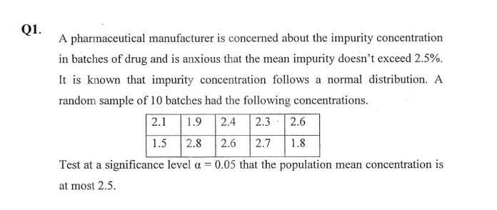 Q1.
A pharmaceutical manufacturer is concerned about the impurity concentration
in batches of drug and is anxious that the mean impurity doesn't exceed 2.5%.
It is known that impurity concentration follows a normal distribution. A
random sample of 10 batches had the following concentrations.
2.1 1.9 2.4 2.3 2.6
1.5
2.8 2.6 2.7 1.8
Test at a significance level a = 0.05 that the population mean concentration is
at most 2.5.