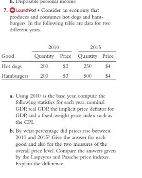 h. Disposable personal income
7. O LounchPod • Consider an economy that
produces and consumes hot dogs and ham-
burgers. In the following table are data for two
different years.
2010
2015
Good
Quantity Price
Quantity Price
Hot dogs
200
$2
250
$4
Hamburgers
200
$3
500
$4
a. Using 2010 as the base year, compute the
following statistics for each year: nominal
GDP, real GDP, the implicit price deflator for
GDP, and a fixed-weight price index such as
the CPI.
b. By what percentage did prices rise between
2010 and 2015? Give the answer for each
good and also for the two measures of the
overall price level. Compare the answers given
by the Laspeyres and Paasche price indexes.
Explain the difference.
