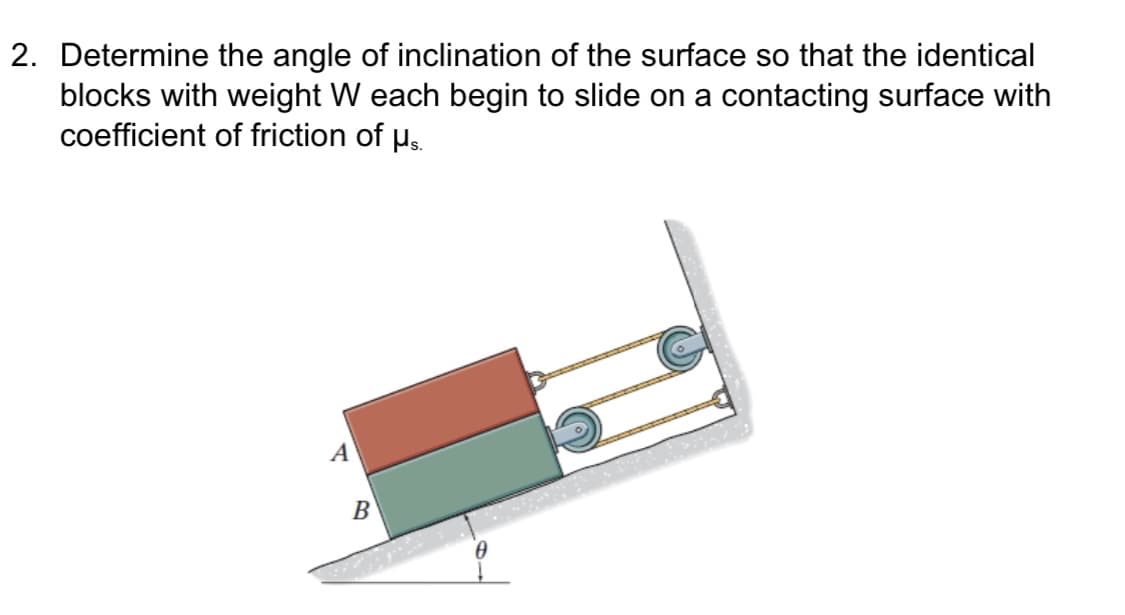 2. Determine the angle of inclination of the surface so that the identical
blocks with weight W each begin to slide on a contacting surface with
coefficient of friction of µ.
A
B
