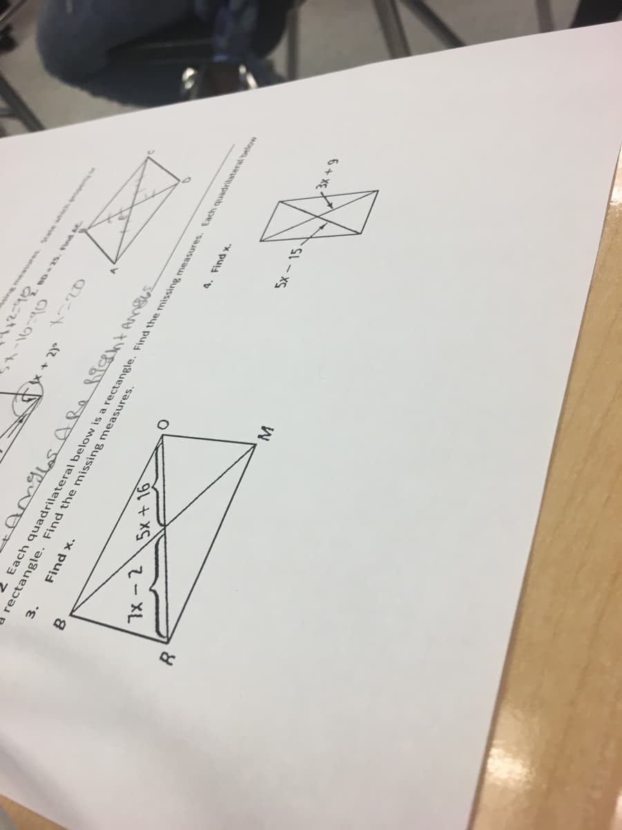 asing meaates State which p e o
21BD-25. Find AC
Each quadrilateral below is a rectangle. Find the missing, measures. Each quadrilateral below
rectangle. Find the missing measures.
4. Find x.
3.
"x pul
