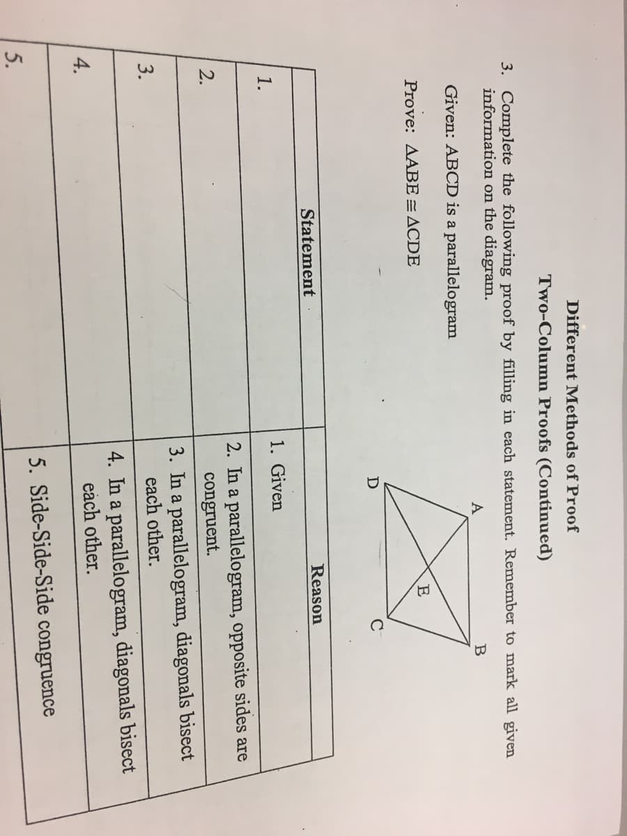 Different Methods of Proof
Two-Column Proofs (Continued)
3. Complete the following proof by filling in each statement. Remember to mark all given
information on the diagram.
A
Given: ABCD is a parallelogram
Prove: AABE = ACDE
E
D
Statement
Reason
1.
1. Given
2. In a parallelogram, opposite sides are
congruent.
2.
3. In a parallelogram, diagonals bisect
each other.
3.
4. In a parallelogram, diagonals bisect
each other.
4.
5. Side-Side-Side congruence
5.
