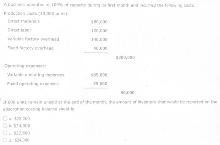 A business operated at 100% of capacity during its first month and incurred the following costs:
Production costs (10,000 units):
Direct materials
Direct labor
Variable factory overhead
Fixed factory overhead
Operating expenses:
Variable operating expenses
Fixed operating expenses
a $28,200
b. $34,000
$80,000
120,000
140,000
40,000
Oc. $22,800
Od. $24,300
$65,000
25,000
90,000
If 600 units remain unsold at the end of the month, the amount of inventory that would be reported on the
absorption costing balance sheet is
$380,000