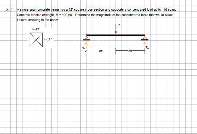 2.12
A single-span concrete beam has a 12" square cross-section and supports a concentrated load at its mid-span.
Concrete tension strength, ft = 400 psi. Determine the magnitude of the concentrated force that would cause
flexural cracking in the beam.
b=12"
h=12"
R₂
8ft-
P
-8ft